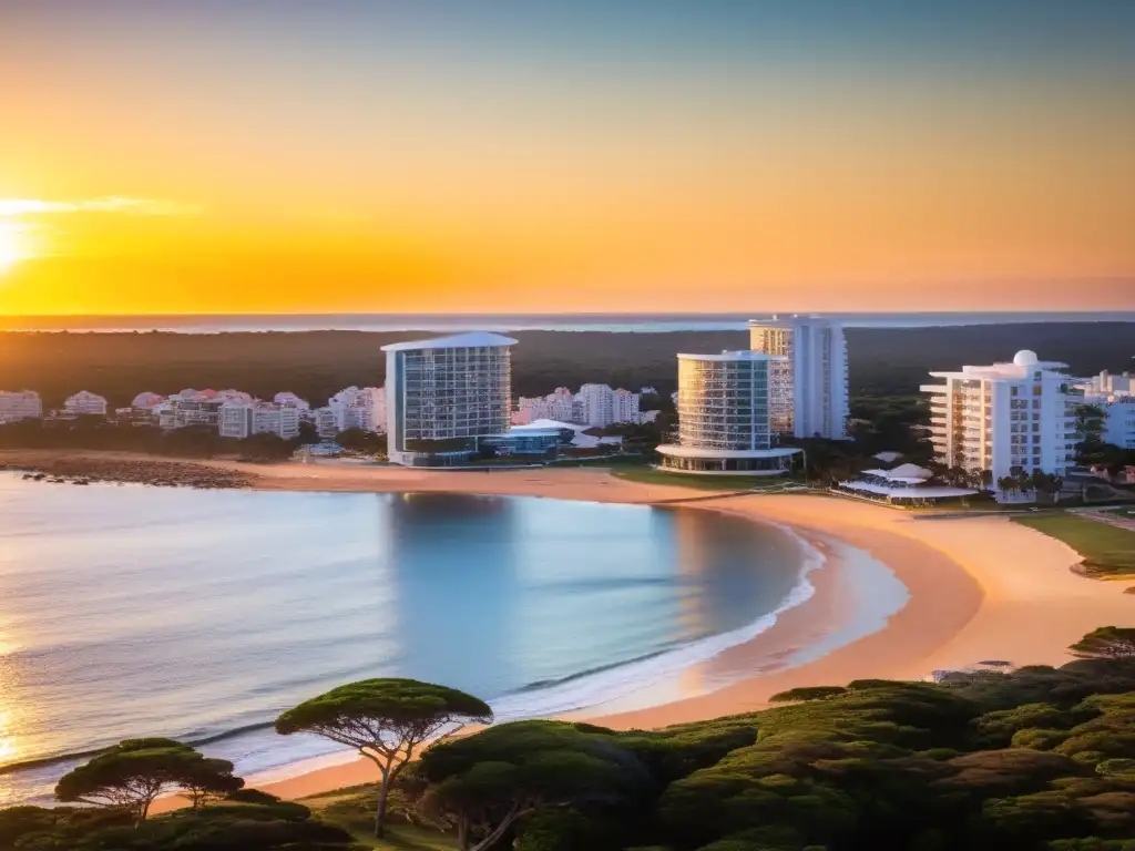 Resorts exclusivos Punta del Este se iluminan al atardecer, reflejando en sus fachadas de cristal el sol dorado que se hunde en el Atlántico