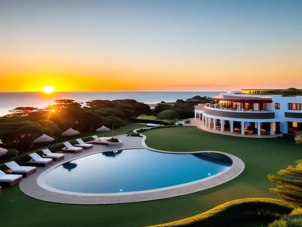 Resorts exclusivos Punta del Este: un lujoso resort entre vegetación tropical, con vistas al océano y un atardecer dorado