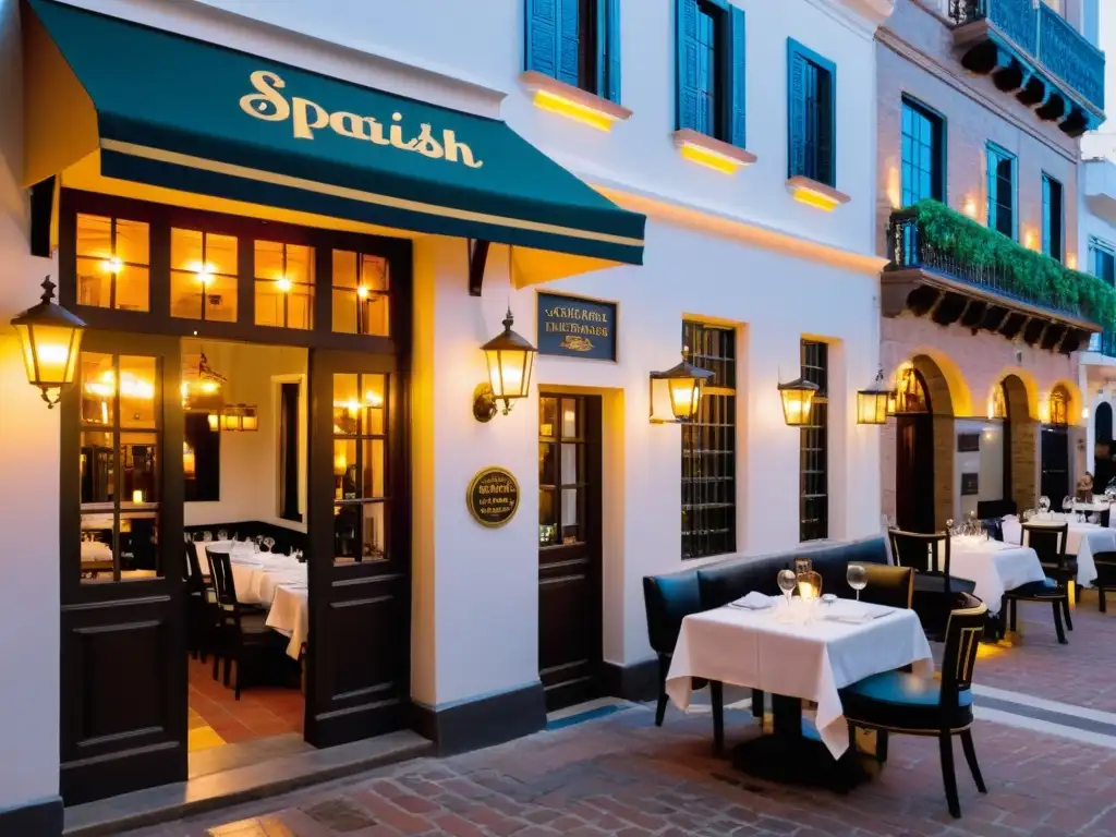 Restaurantes de lujo en Uruguay: ambiente bullicioso en una elegante terraza iluminada al anochecer en el histórico Montevideo