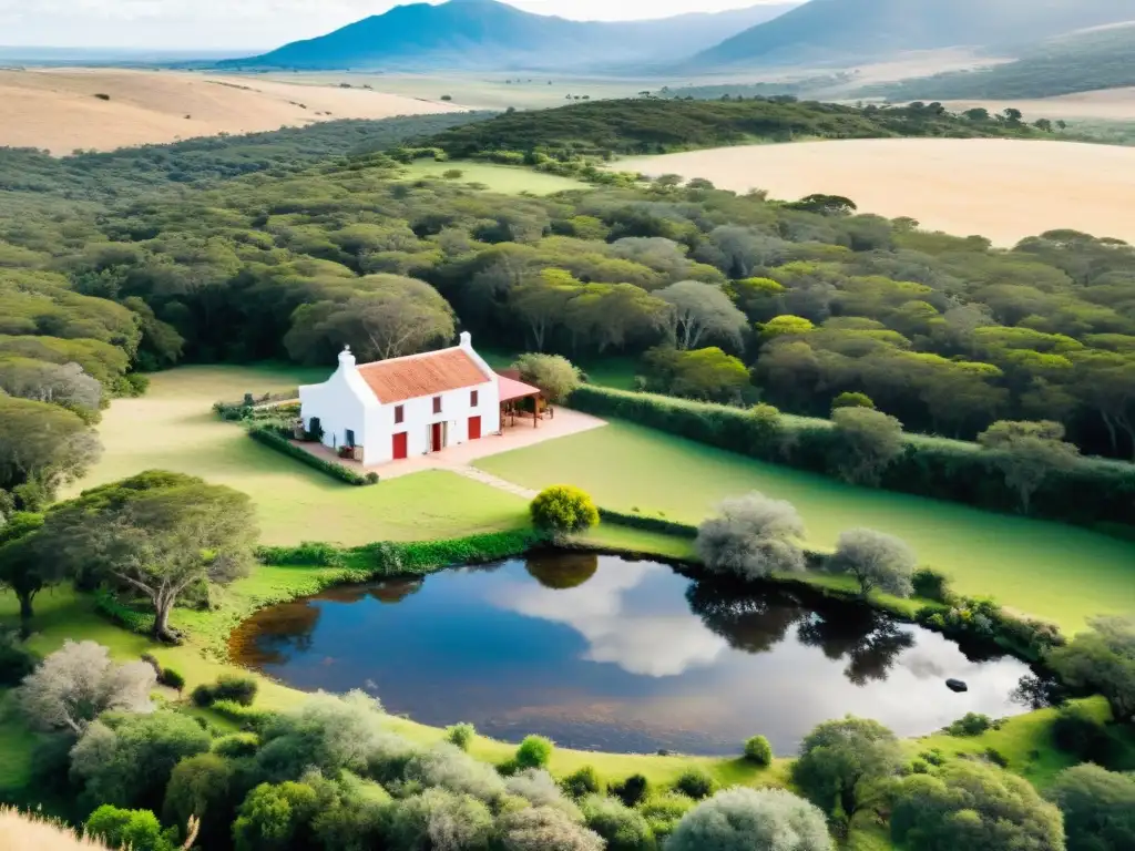 Retiros espirituales Uruguay belleza natural: estancia rústica en un valle tranquilo, rodeada de colinas y bosques verdes, bañados por el sol