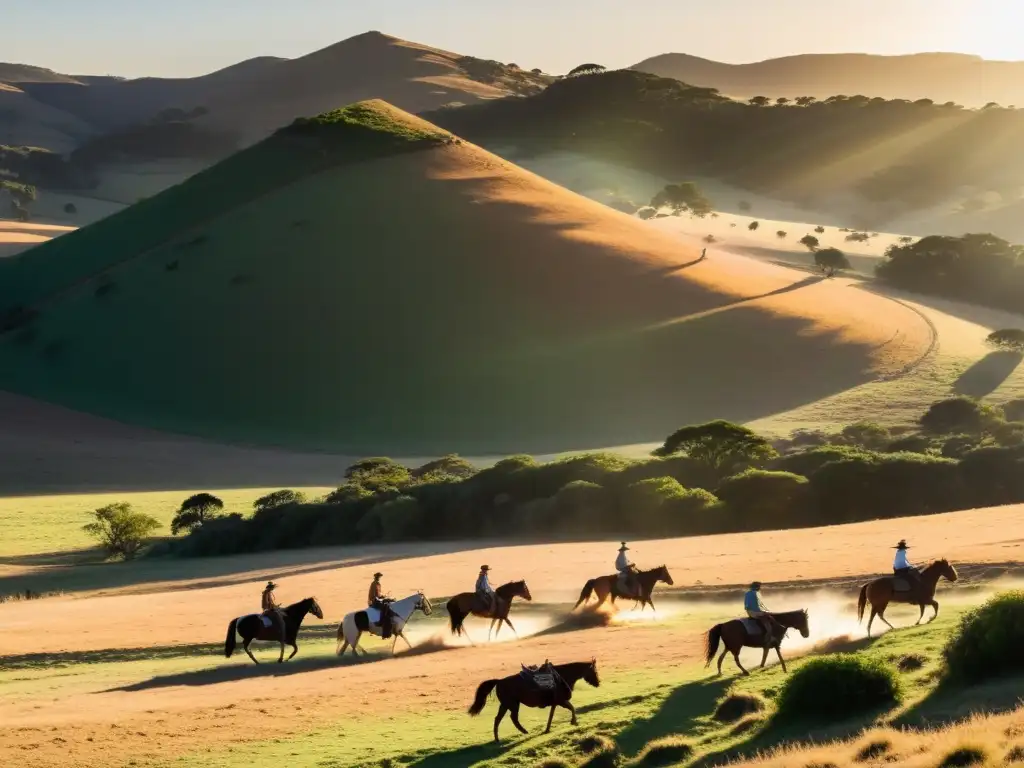 Retrato de Uruguay en cine: Gaucho guiando ganado al atardecer dorado, con una tranquila granja rústica y vastas llanuras en la panorámica