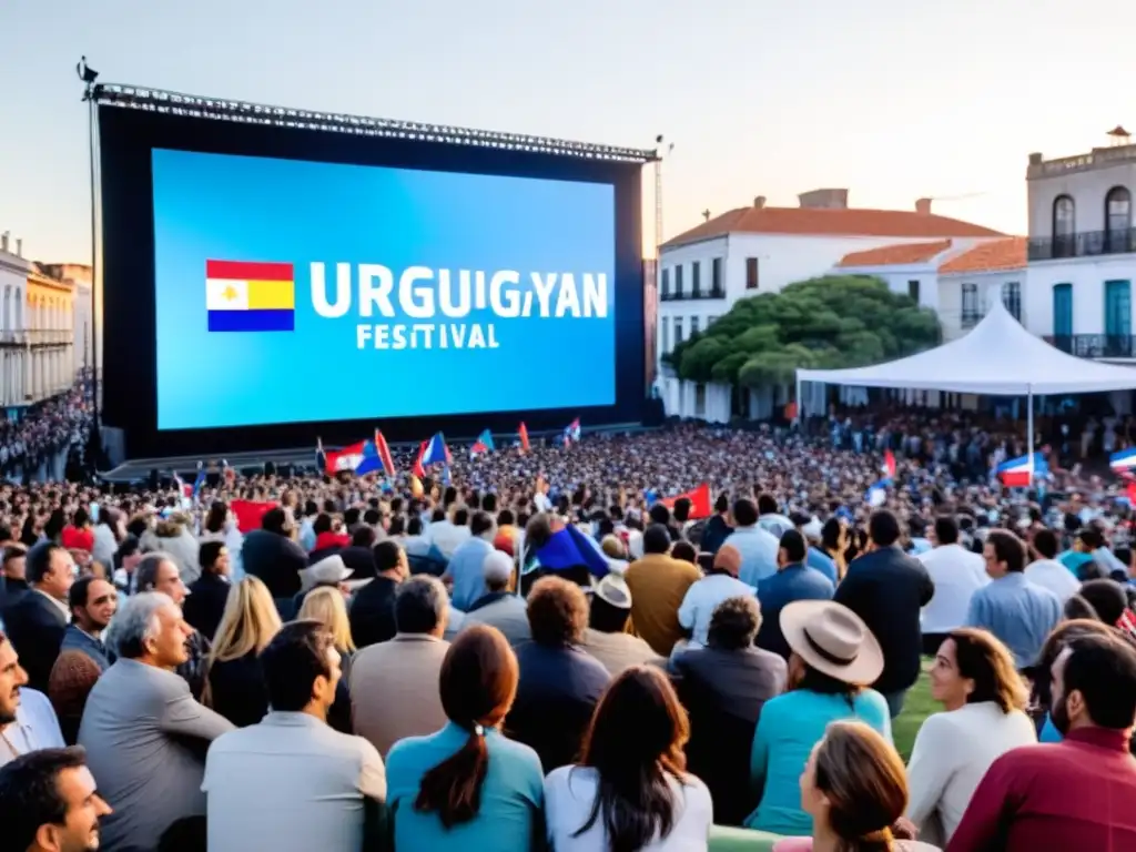 Retrato de Uruguay en cine capturado en un bullicioso festival, con banderas coloridas, público apasionado y cineastas en profunda conversación