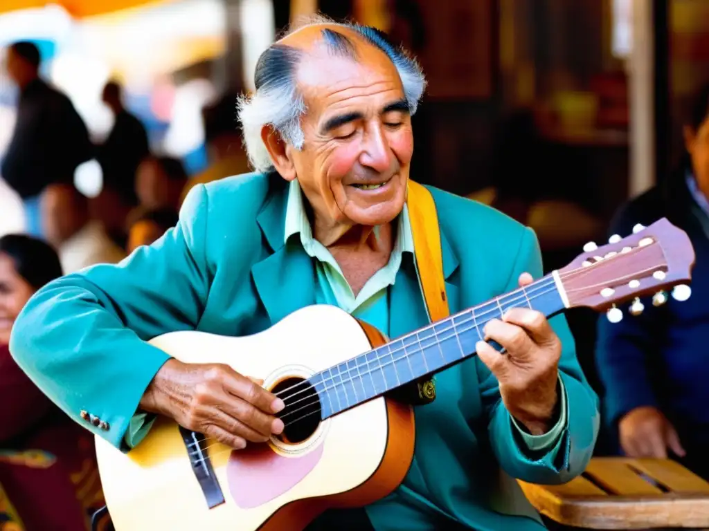 Retrato de la cultura uruguaya, un anciano toca su guitarra con sabiduría en un bullicioso mercado de Montevideo