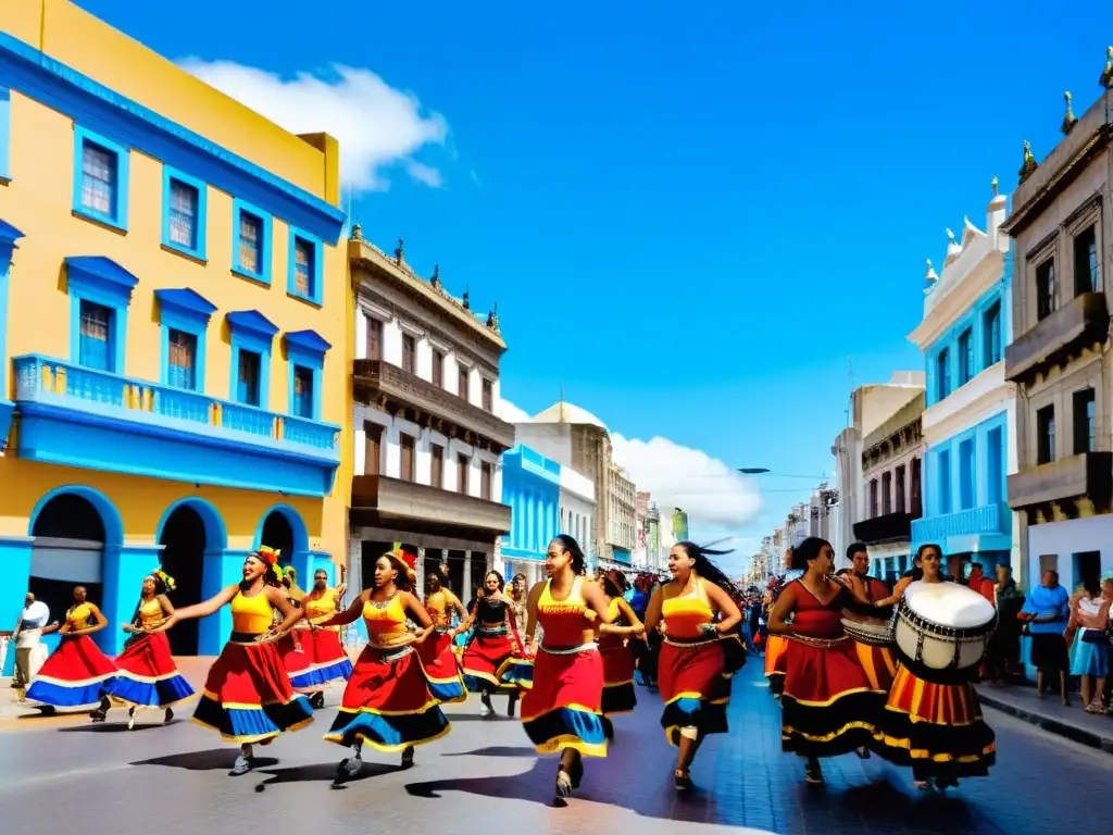 Retratos Culturales Uruguay: Candombe en una calle bulliciosa de Montevideo, con arquitectura colorida y venta de yerba mate