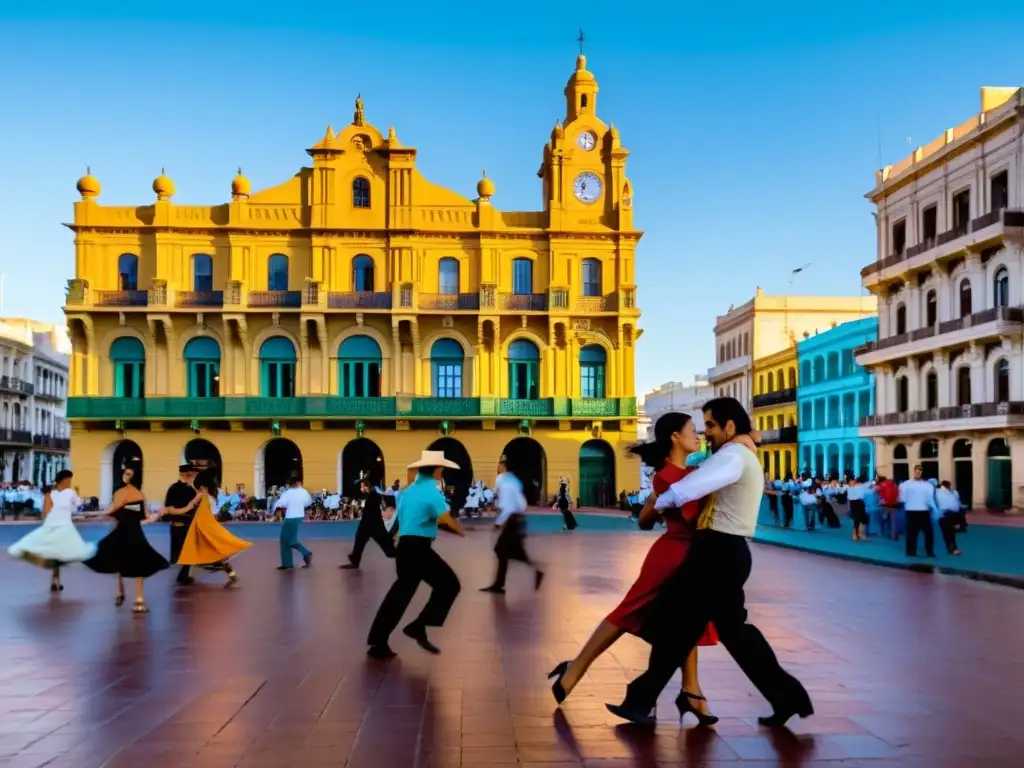 Retratos Culturales Uruguay: una danza de vida urbana y rural, desde el tango en Montevideo hasta el gaucho en la pampa, bajo un atardecer vibrante