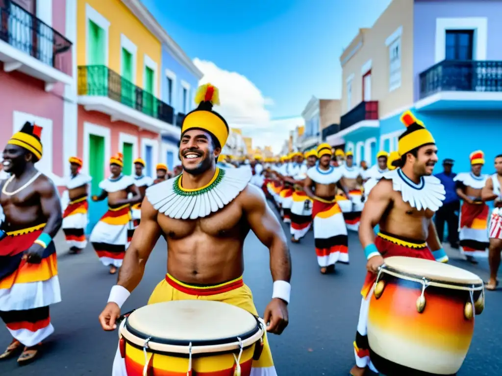 Retratos Culturales Uruguay: Danzantes de Candombe en coloridos trajes bajo un cielo crepuscular en el Barrio Sur de Montevideo