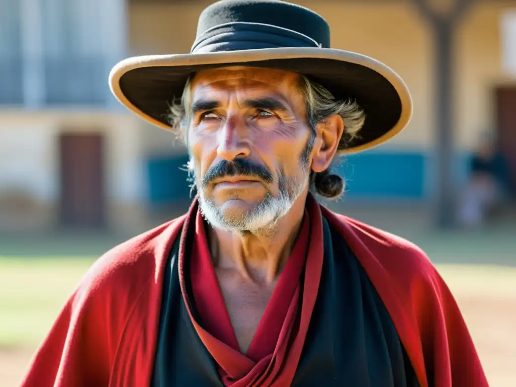 Retratos culturales de Uruguay: un gaucho con mate, vestido tradicionalmente, frente a la pampa y Montevideo al atardecer