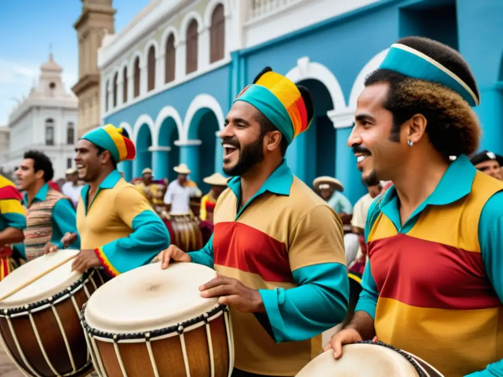 Retratos culturales de Uruguay: tambores de Candombe vibrantes, gaucho tomando yerba mate y el icónico Palacio Salvo bajo un cálido atardecer