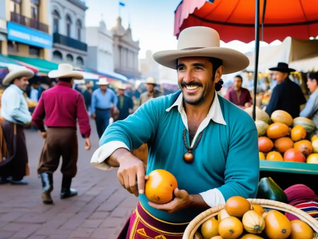 Retratos Culturales Uruguay: gaucho tradicional en un bullicioso mercado de Montevideo, entre coloridos textiles y sabores locales