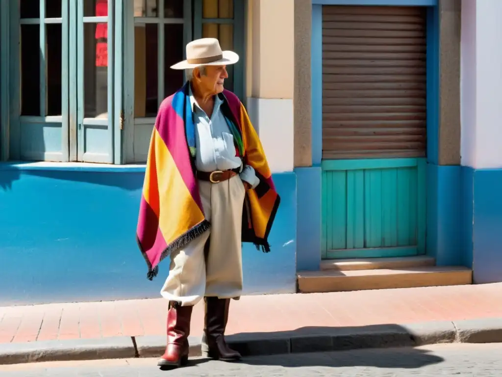 Retratos Culturales Uruguay: Gaucho venerable en Montevideo, con mate y vestimenta típica, representando con dignidad la identidad uruguaya