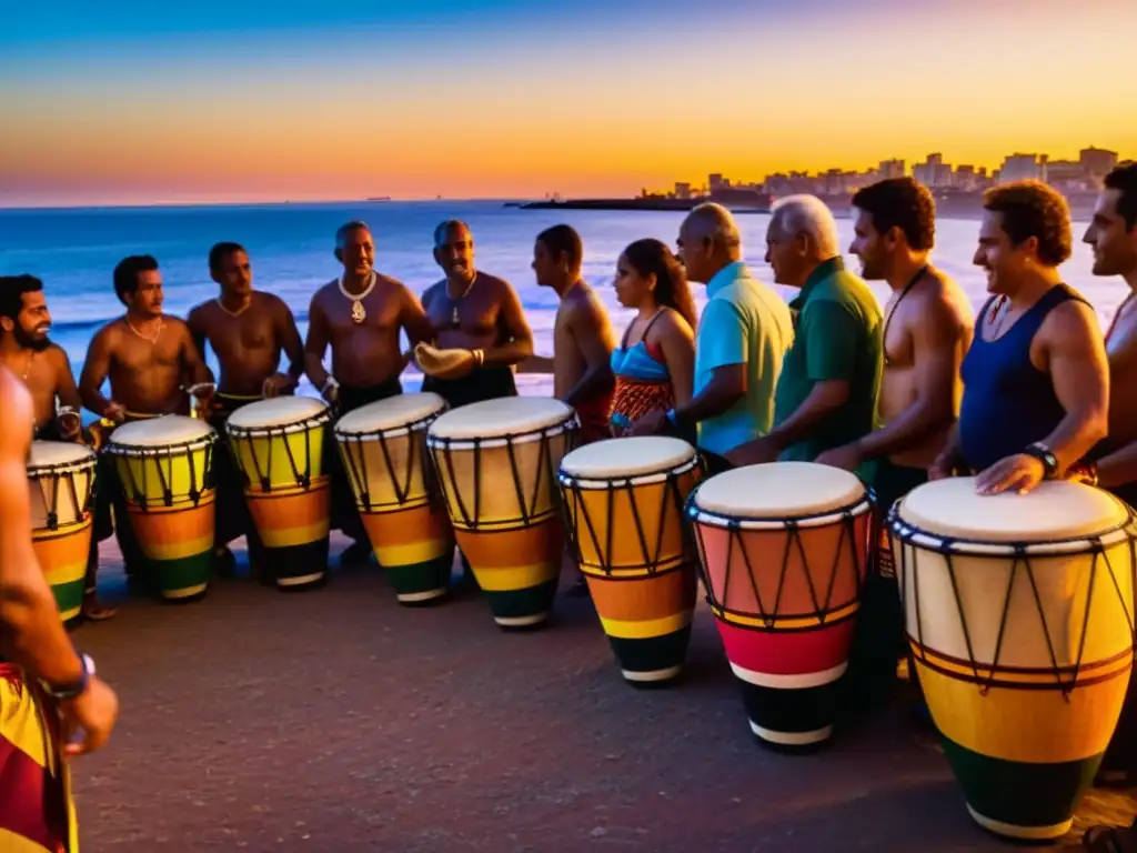 Reunión de Candombe, cultura afrouruguaya, bajo un ocaso dorado en Montevideo, con tambores vibrantes y danza apasionada