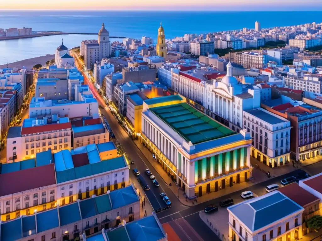 Rincones bellos cultura Uruguay: Montevideo al atardecer, mezcla de arquitectura bajo cielo naranja y morado en 8k