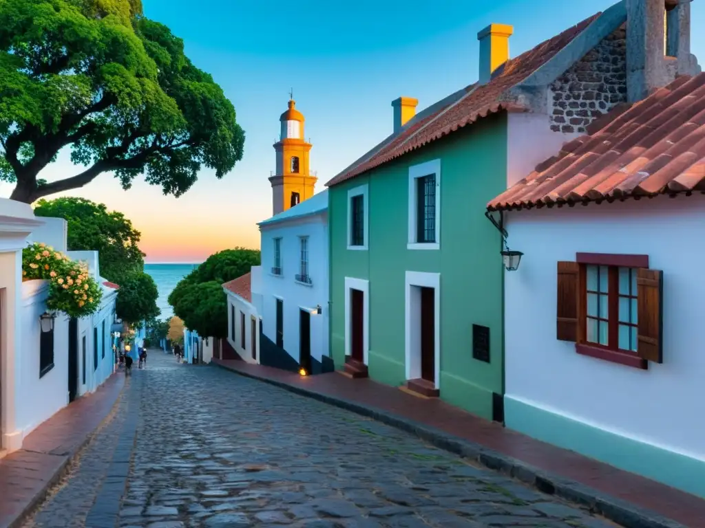 Rincones bellos cultura Uruguay: vista panorámica de Colonia del Sacramento al atardecer, con sus calles empedradas, casas coloniales y antiguo faro