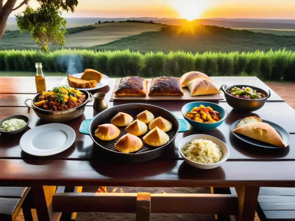 Risas y disfrute en una cena al atardecer en Uruguay, con una mesa llena de sabrosa gastronomía rural uruguaya