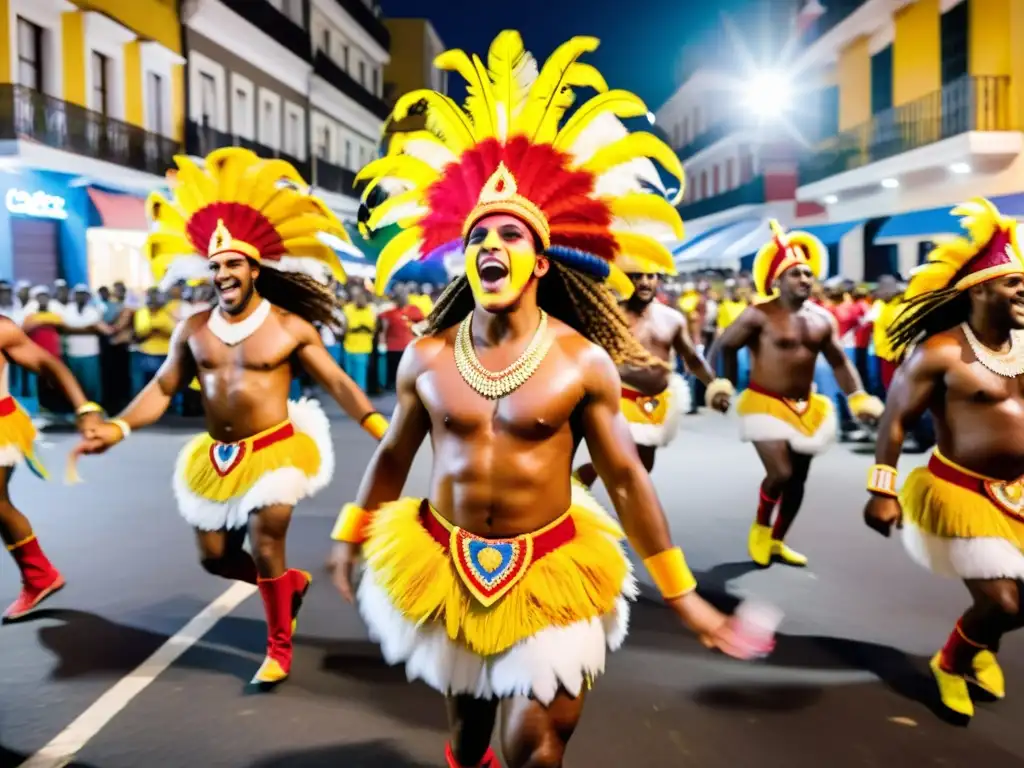 Candomberos bailando al ritmo del candombe en el Carnaval en Uruguay, fotografías llenas de color, pasión y alegría bajo fuegos artificiales