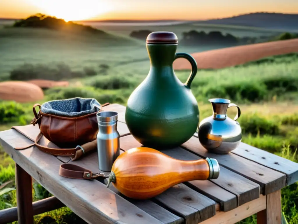 Ritual cultural del mate uruguayo al amanecer en el campo; dos individuos preparan el mate bajo la luz dorada del sol naciente