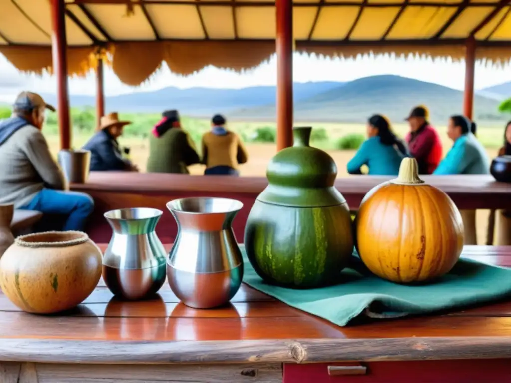 Ritual cultural del mate uruguayo en pleno apogeo: risas, música y camaradería bajo un cielo azul y dorado