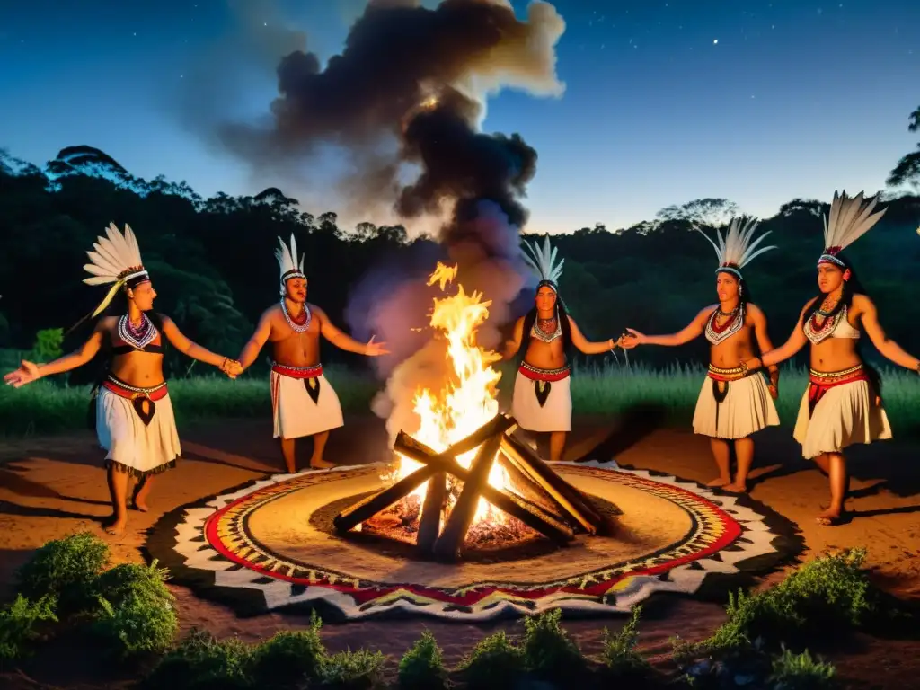 Ritual de danza bajo las estrellas, reflejo de la influencia indígena en la cultura de Uruguay, en un bosque exuberante