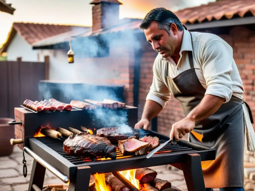 Un ritual gastronómico asado uruguayo en pleno apogeo: un asador vestido de gaucho, carnes chisporroteando, amigos riendo al atardecer dorado