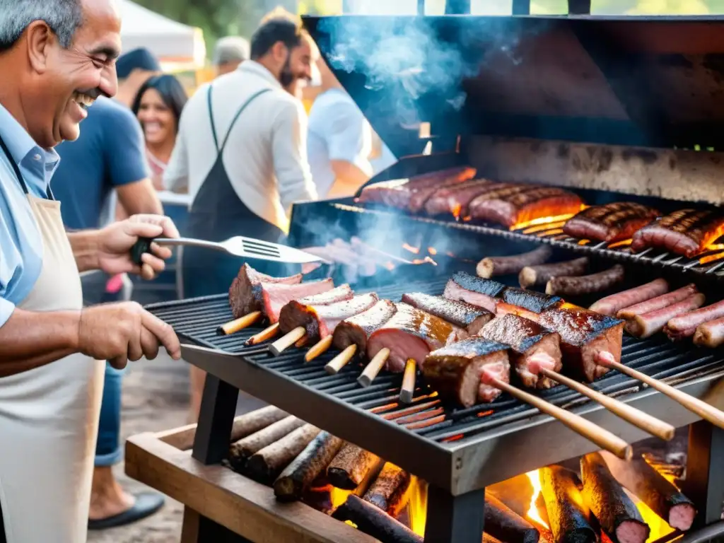 Ritual gastronómico asado uruguayo: un maestro parrillero atiende una parrilla repleta de carnes jugosas en el vibrante corazón de Montevideo