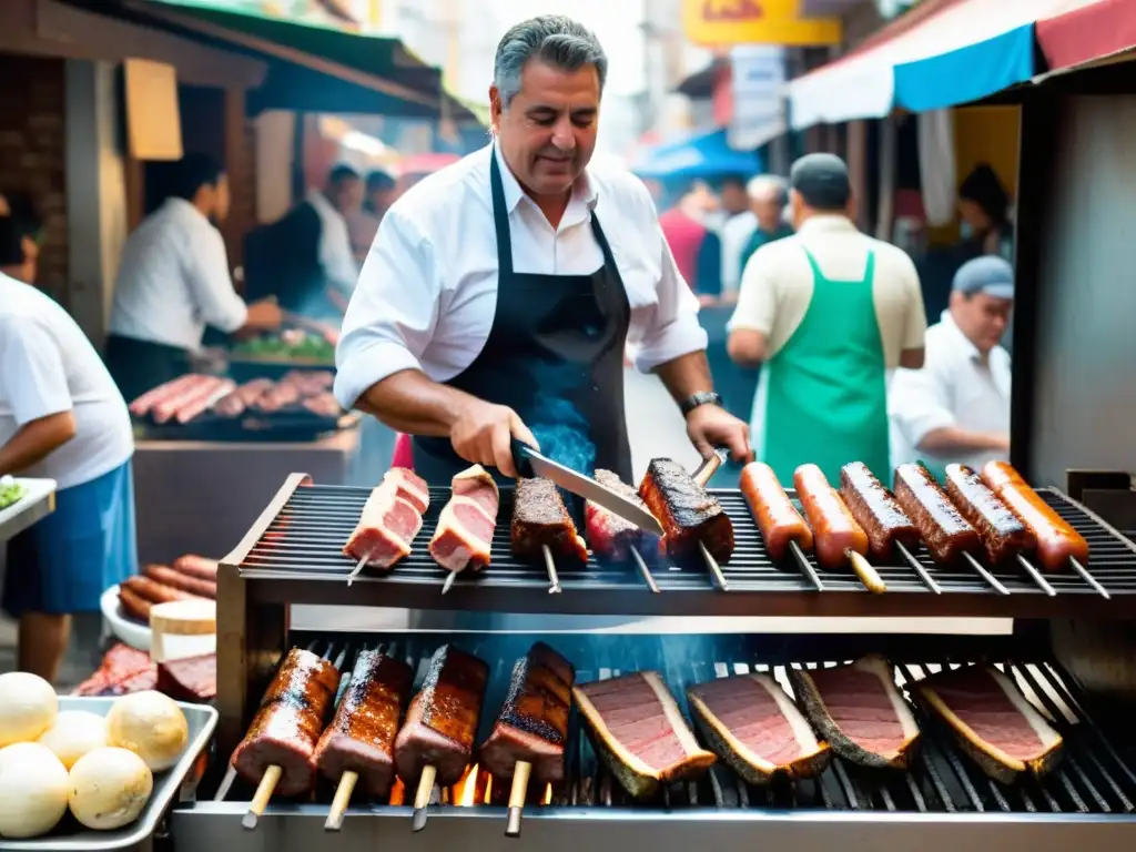 Ritual gastronómico asado uruguayo: Chef uruguayo experto frente a una parrilla humeante, en un bullicioso mercado callejero, bajo el cielo azul