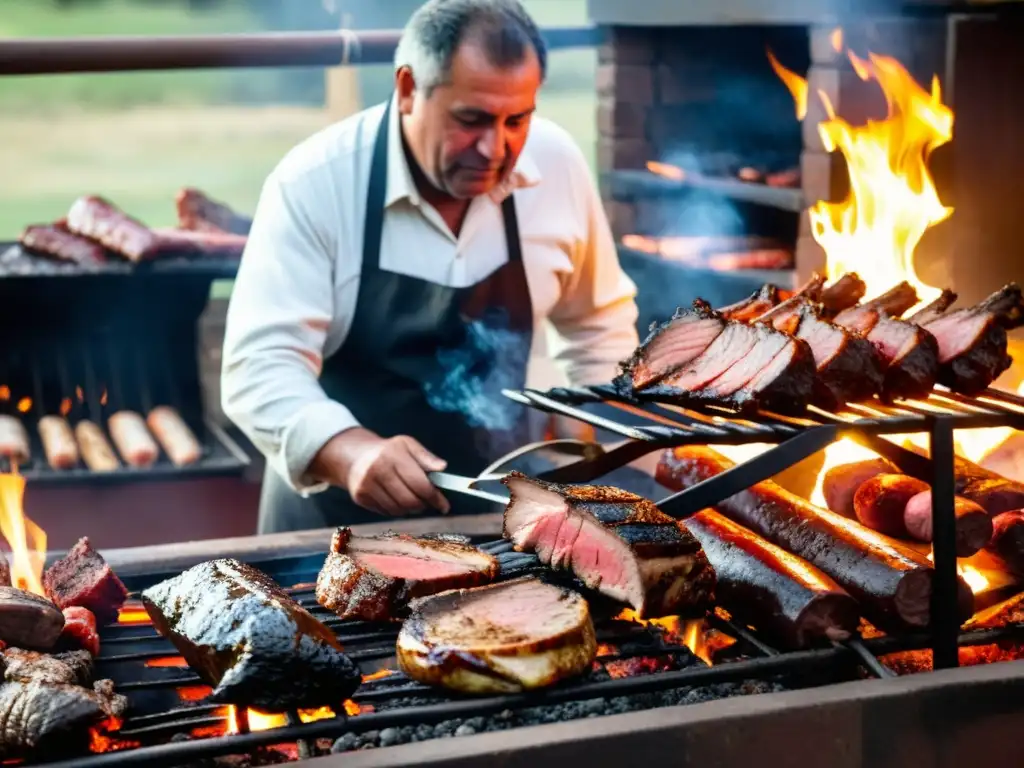 Ritual gastronómico asado uruguayo, un asador atento cocina en parrilla al aire libre mientras familia y amigos comparten en un atardecer mágico