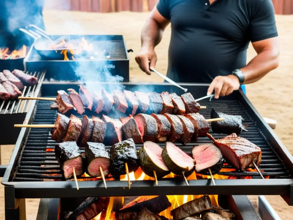 Ritual gastronómico asado uruguayo: Parrillero experto voltea carnes al aire libre, bajo un cielo azul en una estancia tradicional