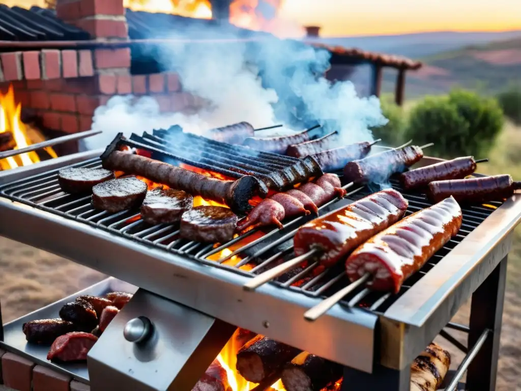 Ritual gastronómico asado uruguayo al atardecer, con un asador experto y familia disfrutando alrededor de una mesa rústica