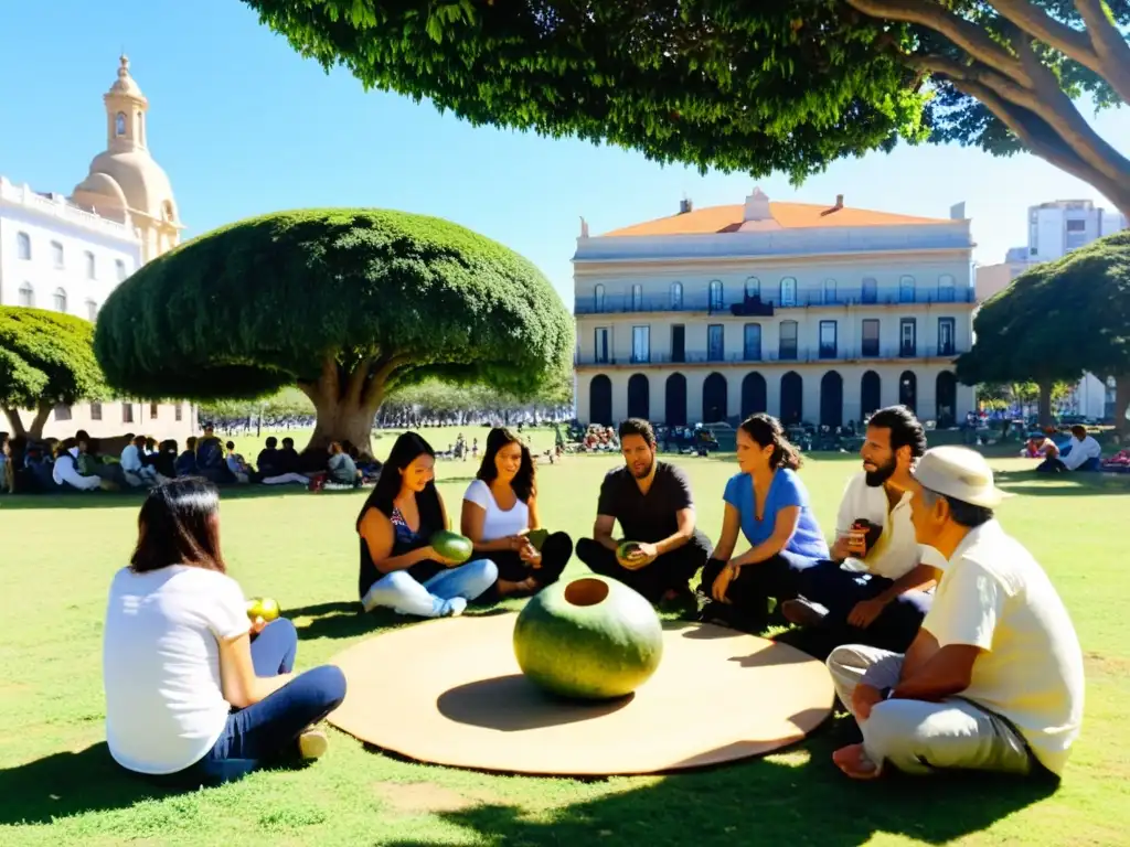 Rituales del Yerba Mate en Uruguay: anciano compartiendo historias y preparando mate bajo el sol, en un círculo diverso de personas en Montevideo