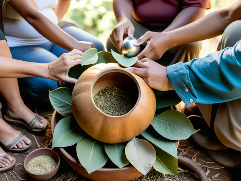 Rituales del Yerba Mate en Uruguay: reunión íntima bajo un árbol, manos diversas compartiendo un mate lleno de historia y conversación