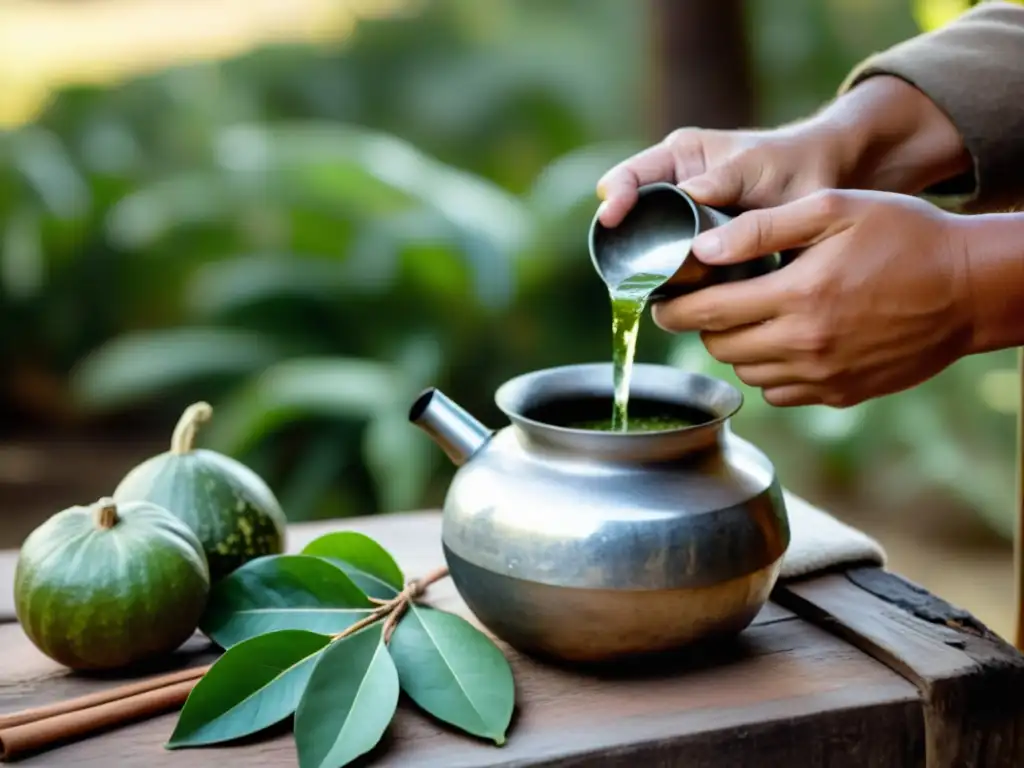 Rituales del Yerba Mate en Uruguay: una mano anciana vertiendo agua caliente en un mate, símbolo de tradición y unidad familiar