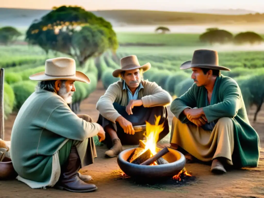 Amanecer en Uruguay, gauchos compartiendo rituales del Yerba Mate en vastas plantaciones, uniendo tradición, naturaleza y diversidad cultural