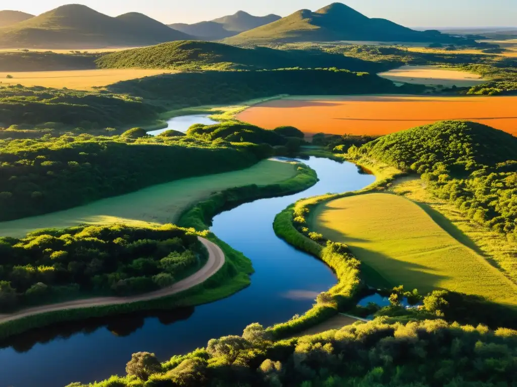 Rocha Uruguay, paraíso ecológico, resplandece en la hora dorada: vegetación frondosa, riachuelo cristalino y colinas al atardecer