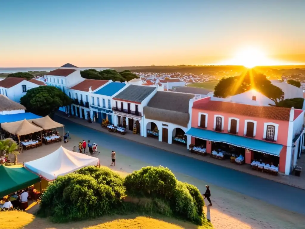 Amanecer en Rocha, Uruguay, irradiando optimismo sobre arquitectura colonial y un mercado local lleno de vida