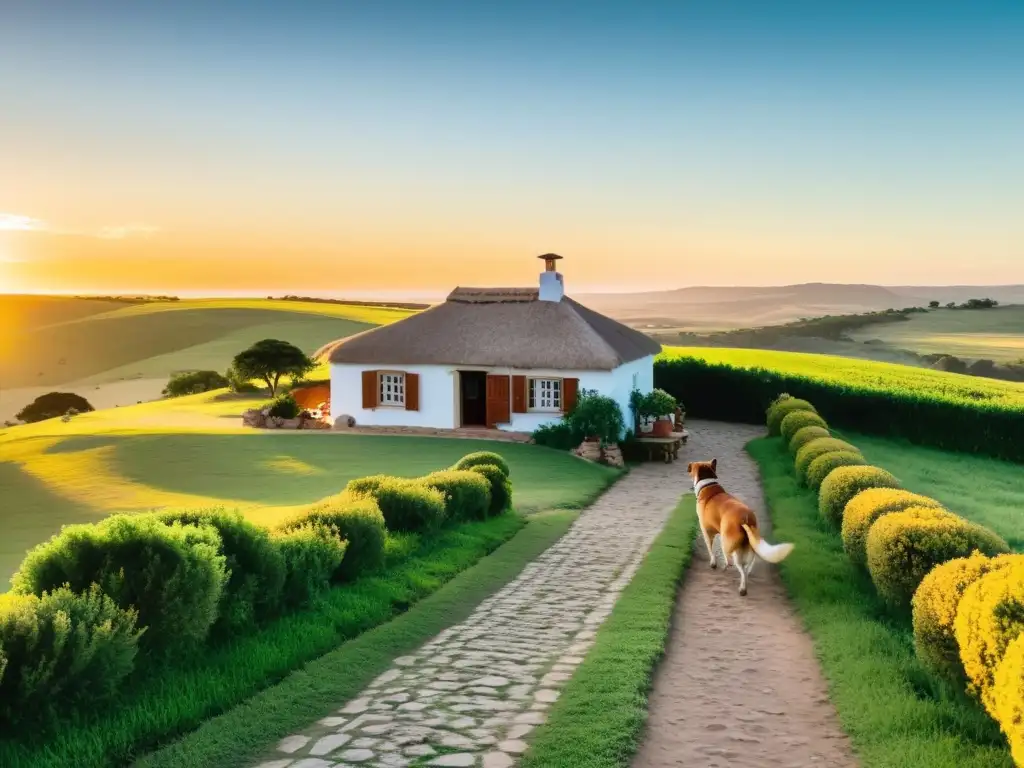 Romántica escena de una pareja paseando con su perro al atardecer en un alojamiento pet friendly en Uruguay, rodeado de verdes colinas y viñedos