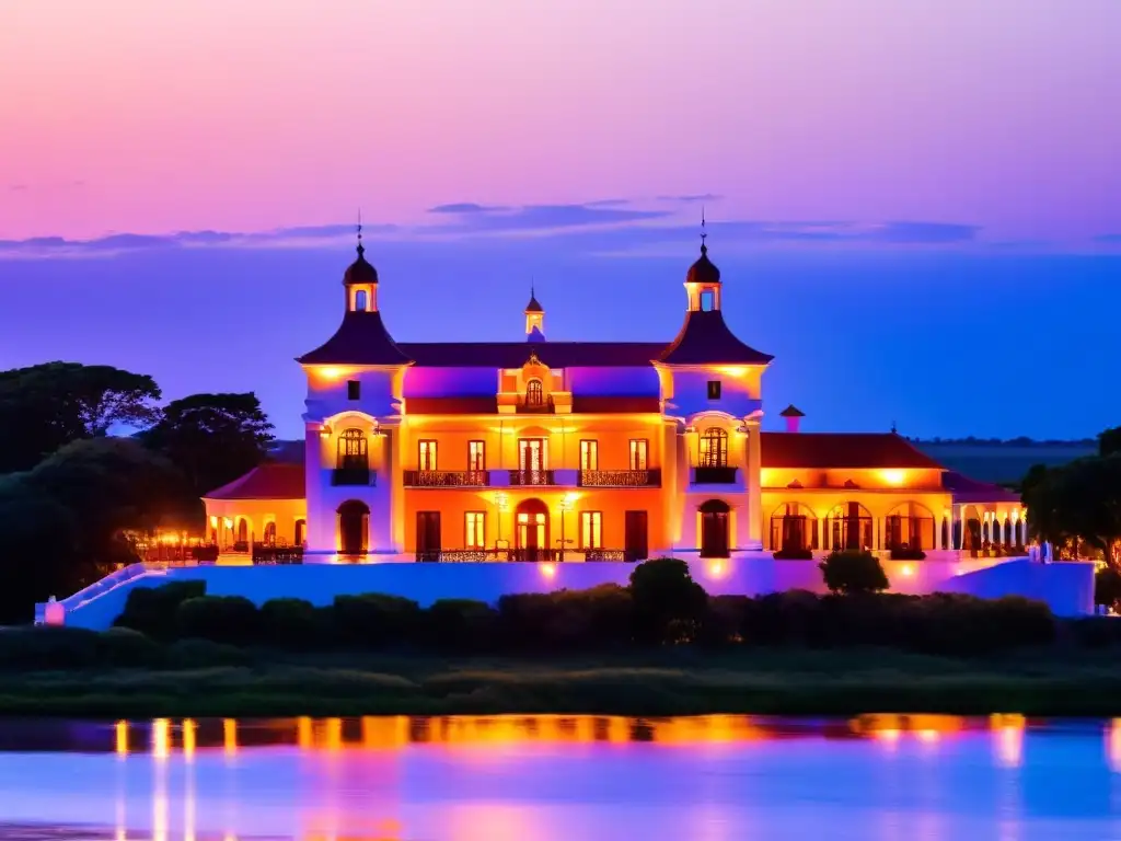 Romántica puesta de sol en uno de los mejores hoteles 5 estrellas de Uruguay, con arquitectura colonial española, marina privada y piscina infinita