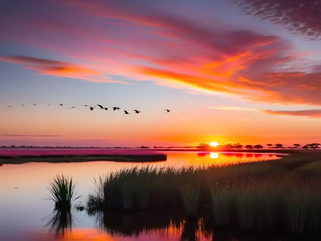 Romántico amanecer en las rutas de avistamiento de aves en Uruguay, con aves exóticas en vuelo sobre humedales y un observador embelesado