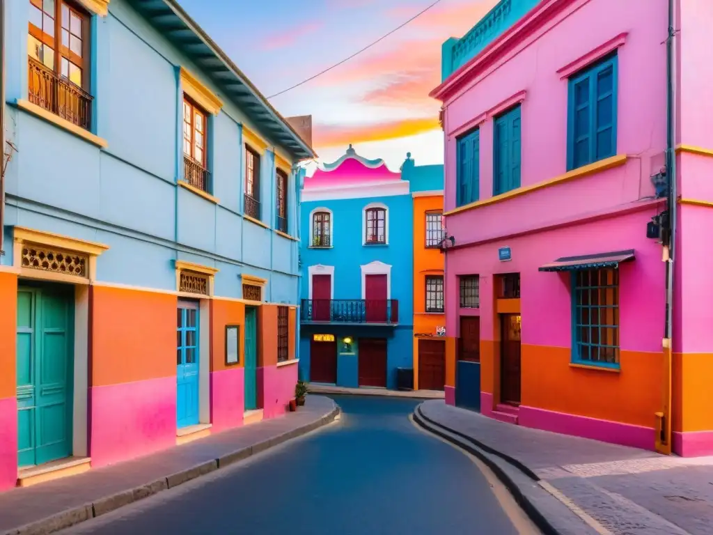 Amanecer rosado en Montevideo, Uruguay, con 'Hostales acogedores para mochileros en Uruguay', reflejando la vibrante cultura local