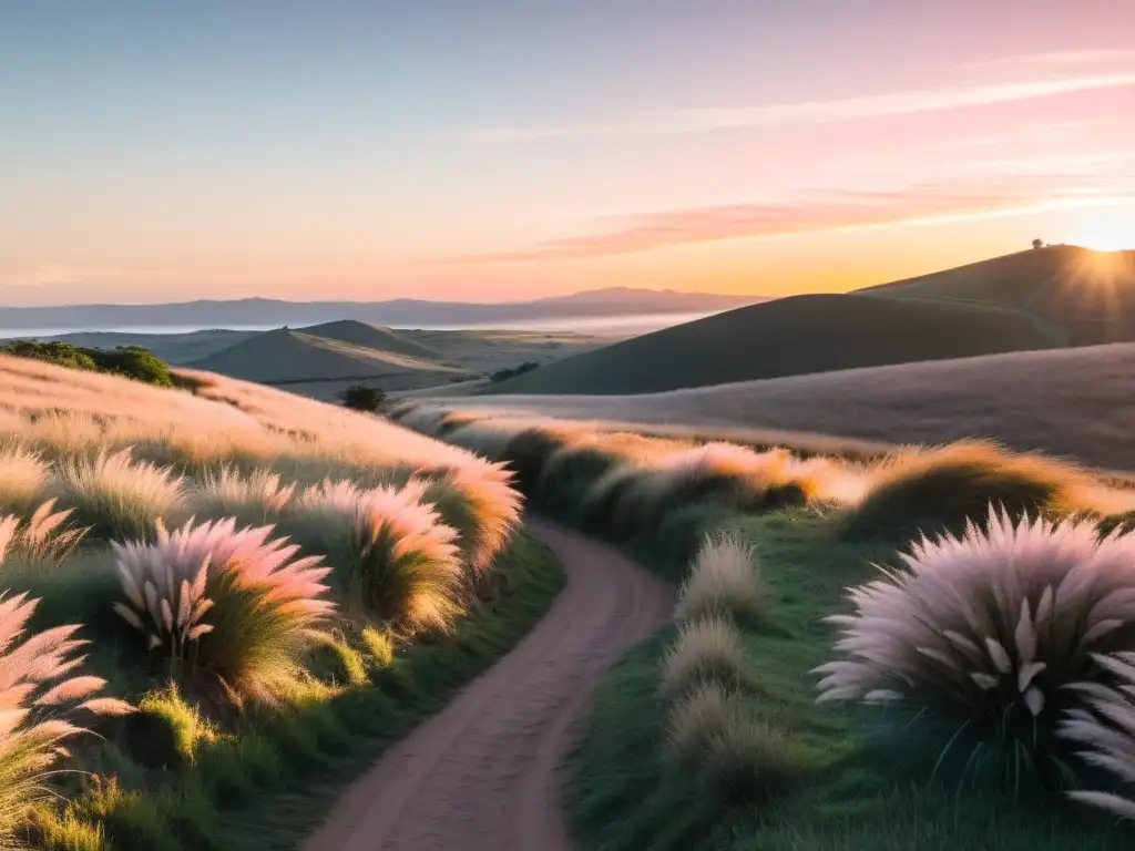 Amanecer en Uruguay rural, rutas de senderismo serpentean a través de campos de doradas pampas y colinas ondulantes, prometiendo aventura