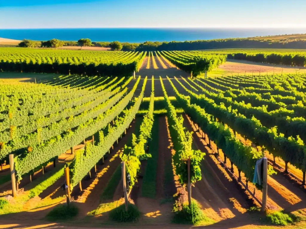 Ruta vinícola en Uruguay arte: Panorámica de un viñedo rústico al atardecer, trabajadores cuidando las uvas y bodega colonial