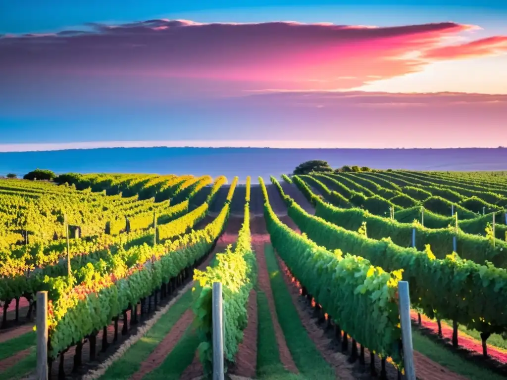 Ruta vinícola en Uruguay arte: viñedo pintoresco al atardecer, siluetas de trabajadores y barriles llenos de uvas frescas