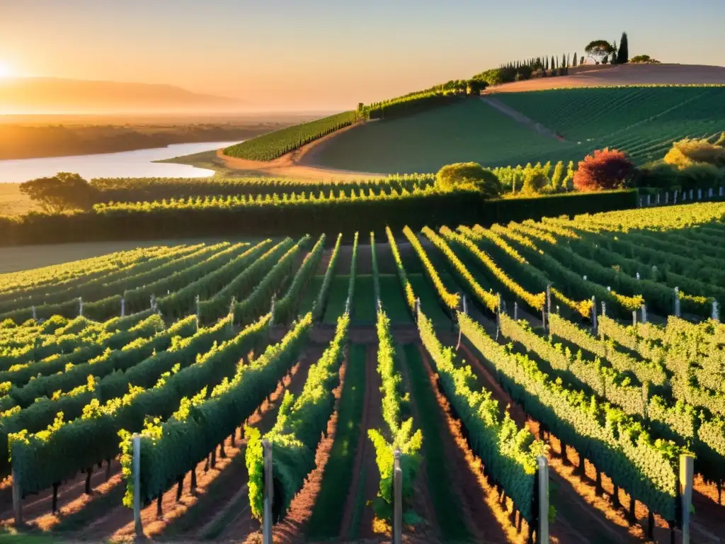 Ruta vinícola en Uruguay arte: Viñedo uruguayo bañado por el sol de atardecer, con viñas maduras y una bodega colonial como testigo