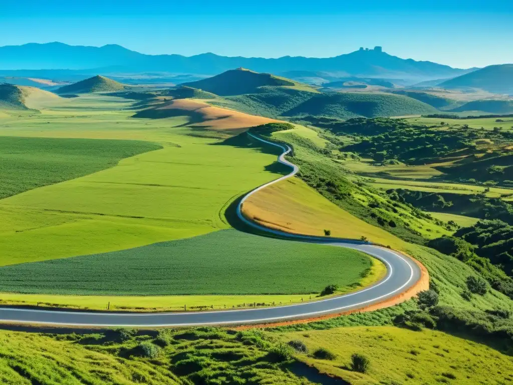 La Ruta de los Charrúas, una de las rutas escénicas más emblemáticas de Uruguay, serpentea por la verde campiña bajo un radiante sol