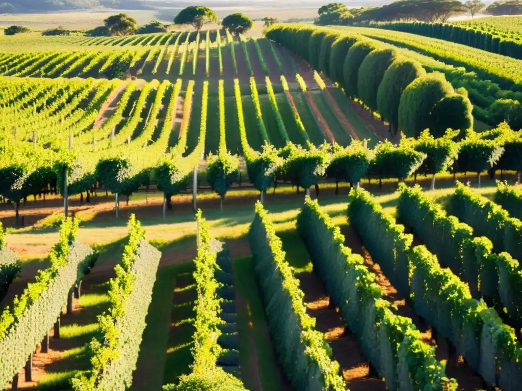 Ruta de lujo vinos Uruguay: viñedos vastos y verdes bañados por el sol dorado, uvas madurando y degustación de vinos bajo un cielo azul