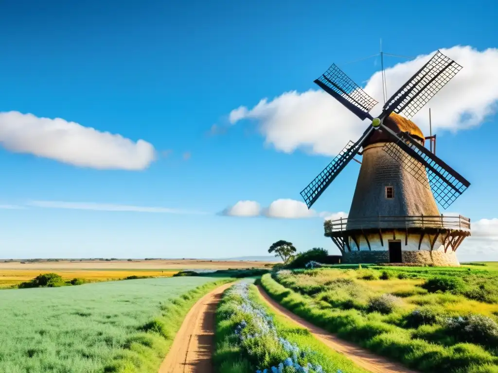 Amanecer en la Ruta de los Molinos en Uruguay: un molino rústico y una casa de campo invitan a disfrutar de la belleza natural