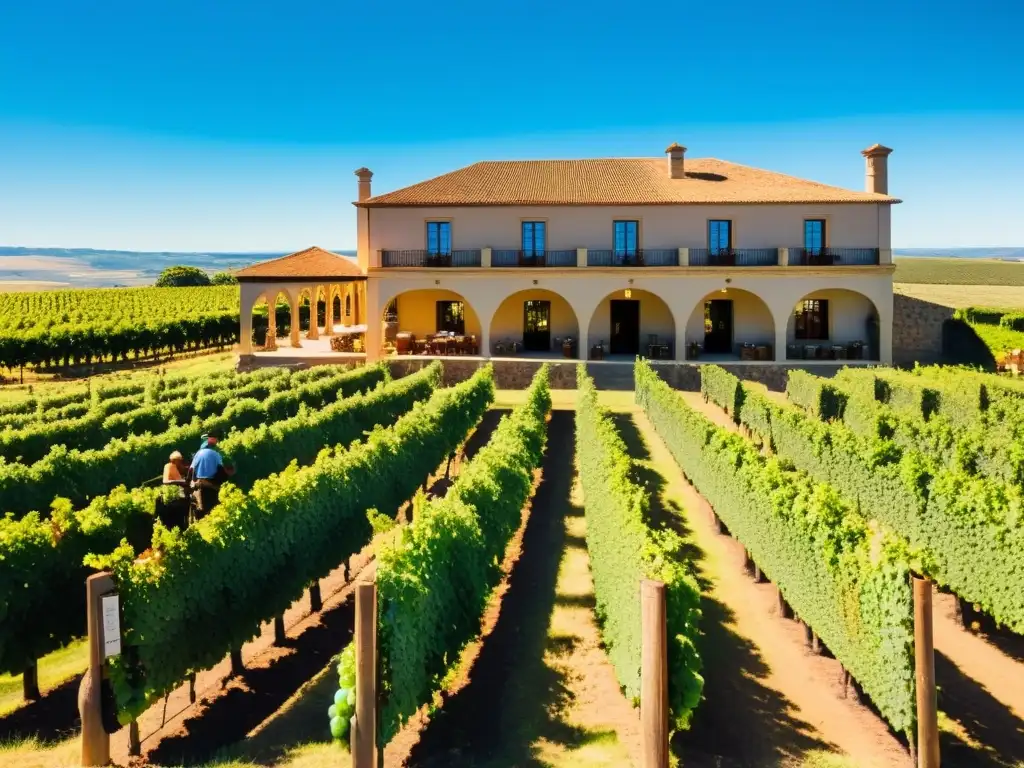 Ruta del Vino Uruguay histórica, mostrando una bodega de piedra centenaria y trabajadores recogiendo uvas bajo un cielo cerúleo vivido