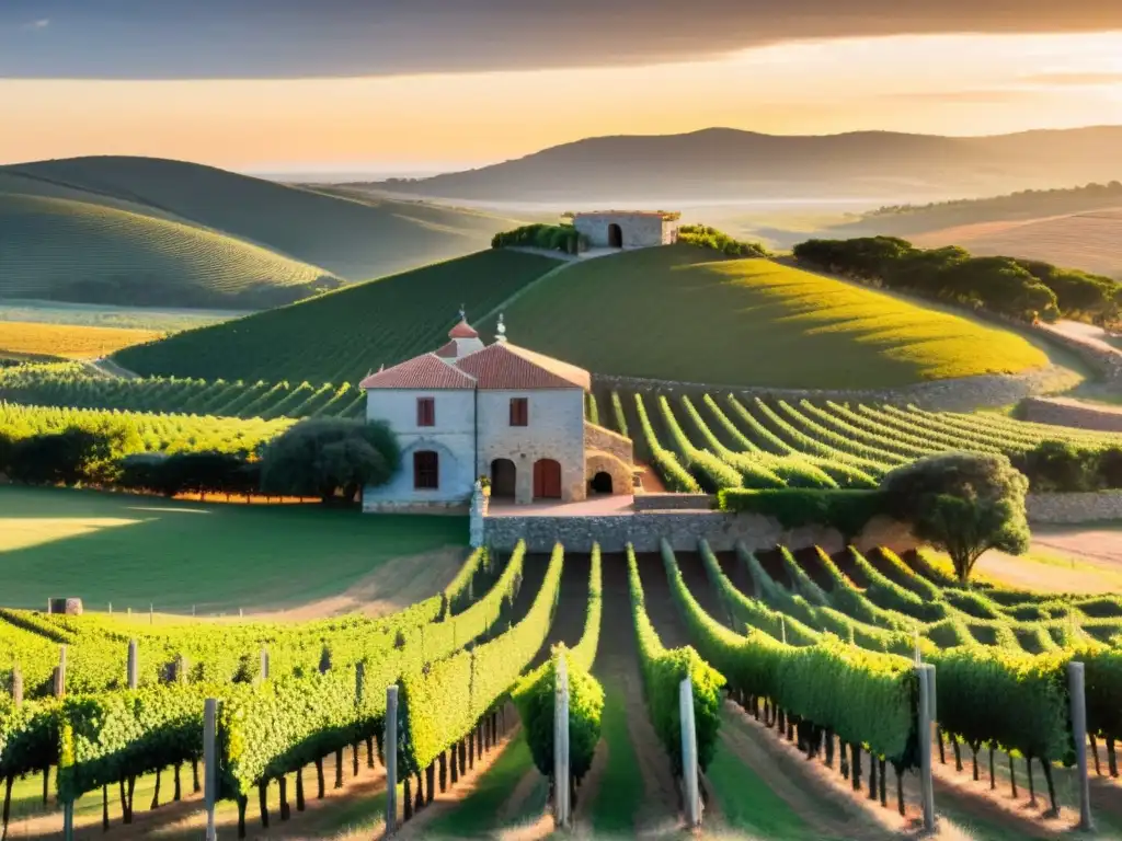 Ruta del Vino Uruguay belleza cultural: viñedos en otoño, bodega rústica y puesta de sol dorada sobre el Río de la Plata