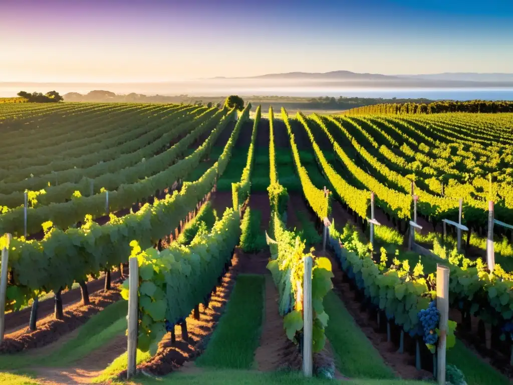 Ruta del vino en Uruguay, viñedo extendiéndose bajo el cálido resplandor dorado del atardecer, uvas púrpuras y bodega rústica