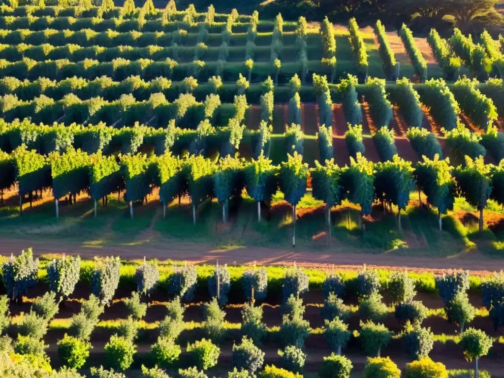 Ruta del vino en Uruguay: viñedo dorado al atardecer con cielo colorido, vides alineadas y una cata de vinos serena