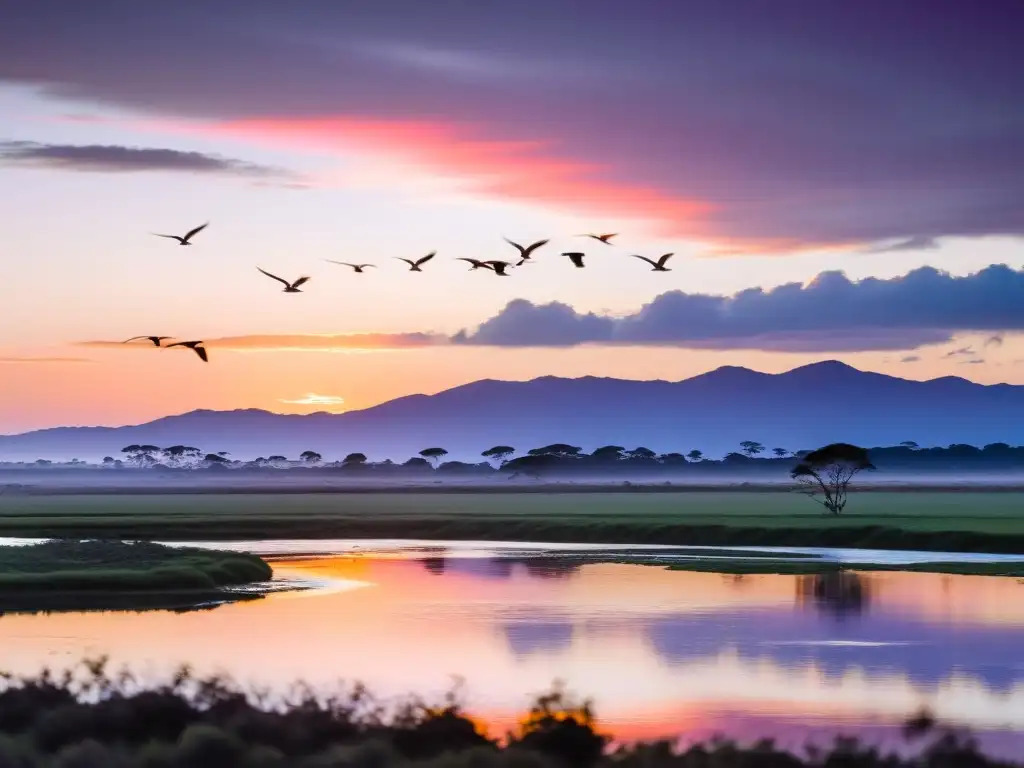 Rutas de avistamiento de aves en Uruguay al amanecer, con Tero-teros volando sobre llanuras verdes y observadores de aves admirando el horizonte